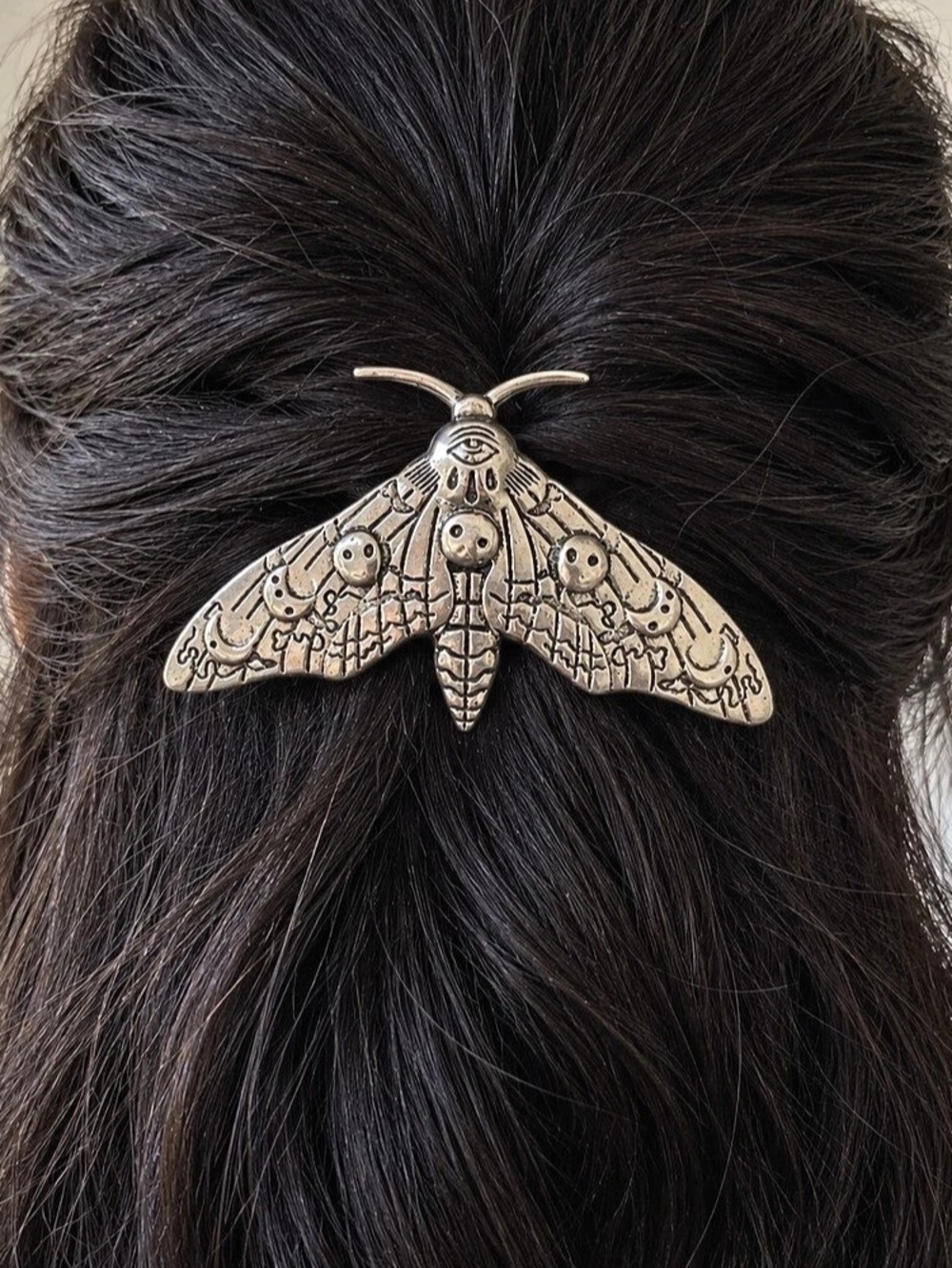 Silver Tone Moon Phase Moth Hair Clip